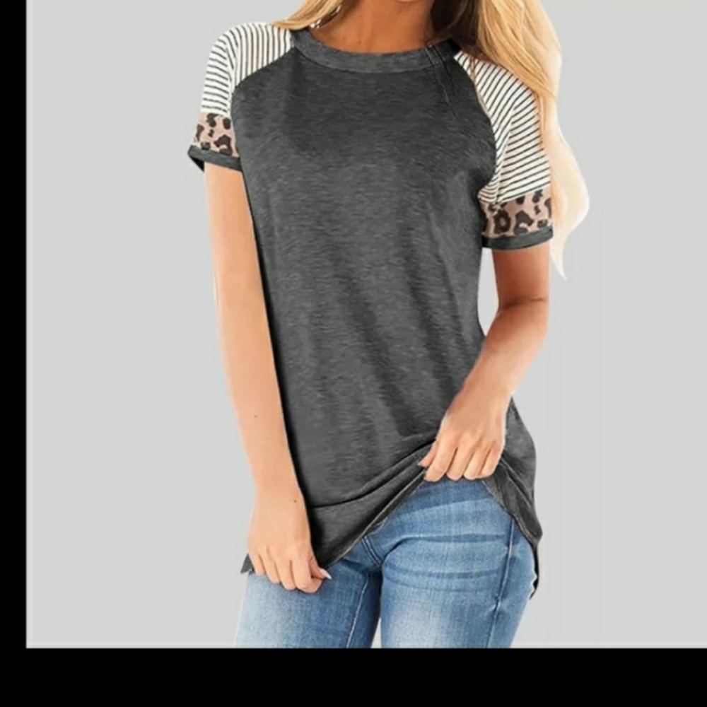 New Leopard trim short sleeve Tee Tshirt Top- gray body